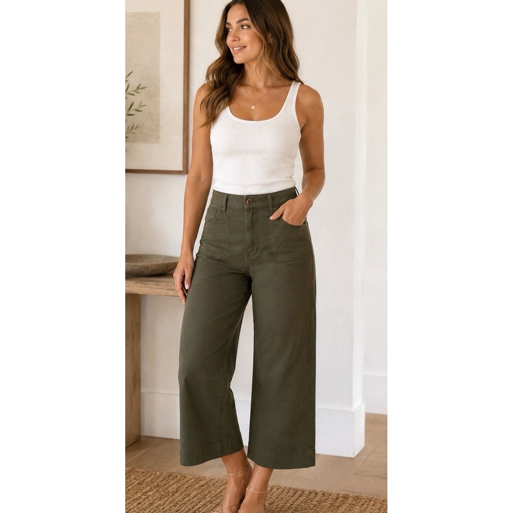 Maeve by Anthropologie Collette Crop Wide Leg Pants Womens Size 29 T Olive Green
